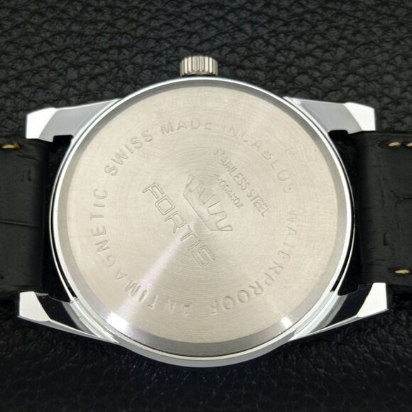 Vintage 1979 Fortis Manual Mens Silver Watch W/Leather Strap & Blue accents - Picture 8 of 9